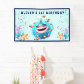 Kleine haaienjongen eerste verjaardagsfeestje spandoek (Insitu)