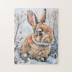 Kleine haas in Snowy Field. konijnenkonijn Legpuzzel
