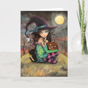 Kleine Halloween heks en zwarte kat Kaart