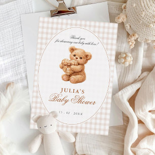 Kleine Hart Bruine Gingham Teddybeer Baby Shower Kaart