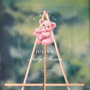 Kleine Hart Roze Gingham Teddybeer Baby Shower Acryl Bord
