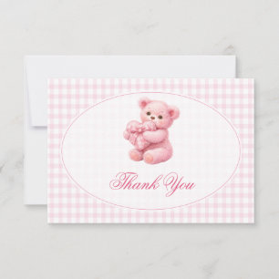 Kleine Hart Roze Gingham Teddybeer Baby Shower Kaart