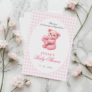Kleine Hart Roze Gingham Teddybeer Baby Shower Kaart