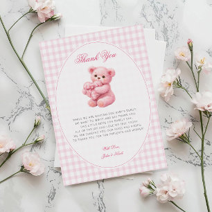 Kleine Hart Roze Gingham Teddybeer Baby Shower Kaart