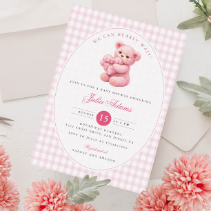 Kleine Hart Roze Gingham Teddybeer Baby Shower Kaart