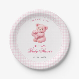 Kleine Hart Roze Gingham Teddybeer Baby Shower Papieren Bordje