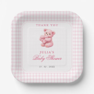 Kleine Hart Roze Gingham Teddybeer Baby Shower Papieren Bordje
