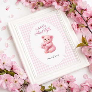 Kleine Hart Roze Gingham Teddybeer Baby Shower Poster