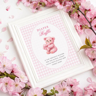 Kleine Hart Roze Gingham Teddybeer Baby Shower Poster