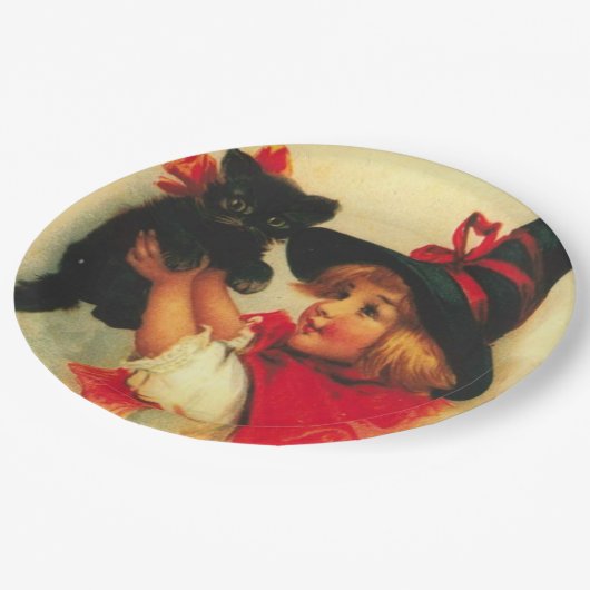 Kleine heek en zwarte kat Halloween Papieren Bordje (Gekanteld)