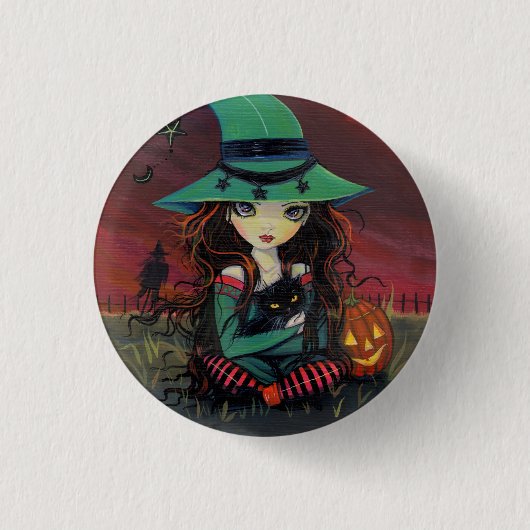 Kleine heks en zwarte kat Halloween Button (Voorkant)