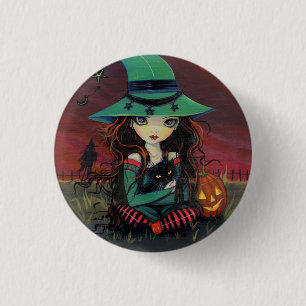 Kleine heks en zwarte kat Halloween Button