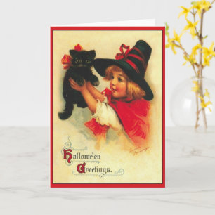 Kleine Heks en Zwarte Kat Vintage Halloween Kaart