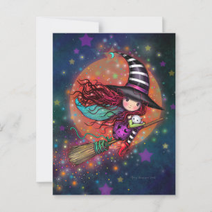 Kleine heks op bezems met haar kat briefkaart