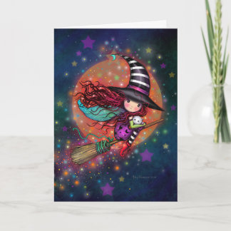 Kleine heks op bezems met haar kat kaart