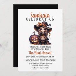 Kleine heks Samhain oogsten Halloween Party Kaart