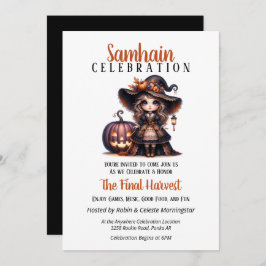 Kleine heks Samhain oogsten Halloween Party Kaart