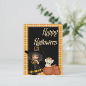 Kleine heks & witte kat Halloween Briefkaarten D10 (Staand voorkant)