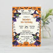 Kleine heksen Spooky Halloween Verjaardag Bash Kaart (Staand voorkant)