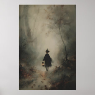 Kleine heksenkind in nevelige donkere bossen met poster