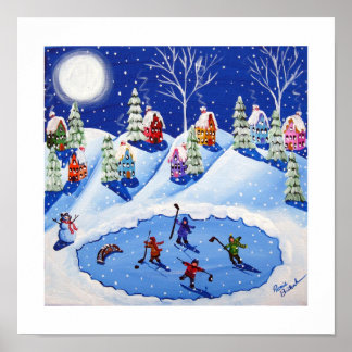 Kleine Hockey-spelers Ice Schaats Winter Folk Art Poster