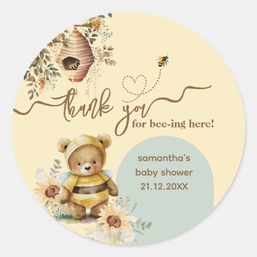 Kleine honing Beer Baby shower Bedankt hier Ronde Sticker (Voorkant)