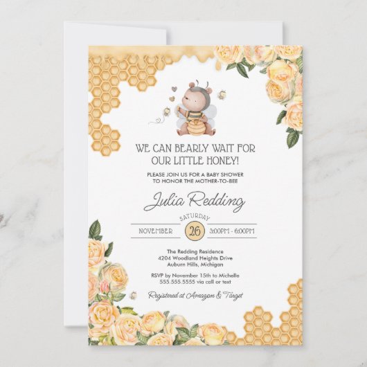 Kleine honing-Beer en bijengeel Baby shower Kaart (Voorkant)
