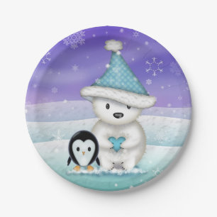 Kleine ijsbeer- en pinguïnkerstplaten papieren bordje