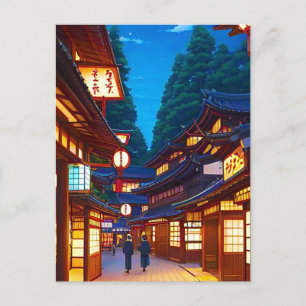 Kleine Japanse stad straat 's nachts Briefkaart