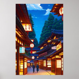 Kleine Japanse stad straat 's nachts Poster