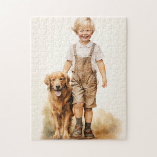 Kleine jongen en golden retriever legpuzzel