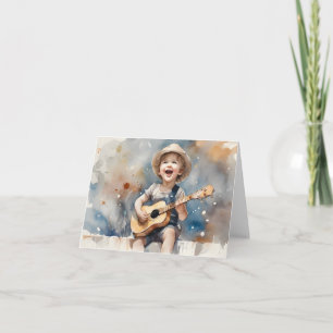 Kleine jongen gitaar aquarel illustratie blanco kaart