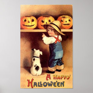 Kleine jongen met Dog en pompoenen Poster