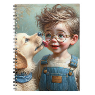 Kleine jongen met huisdier puppy notitieboek