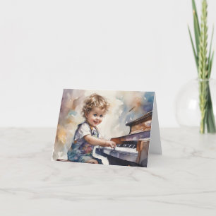 Kleine jongen piano aquarel illustratie blanco kaart