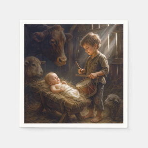 Kleine jongen speelt drum voor Baby in Manger Servet