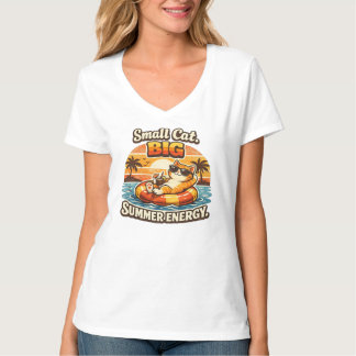 Kleine Kat Grote Zomer Energie Retro Strand Kat T- T-shirt
