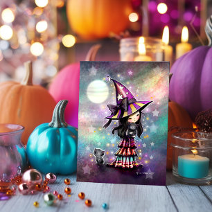 Kleine Kattenliefhebber Halloween Heks en Zwarte K Kaart