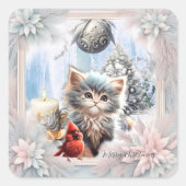 Kleine kitten met vogel vierkante sticker (Voorkant)