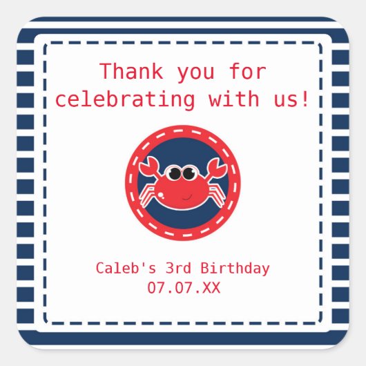 Kleine krab Fun Beach Birthday Party Favor Vierkante Sticker (Voorkant)