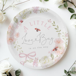 Kleine Love Bug Wildflower Roze Strik Baby Shower Papieren Bordje