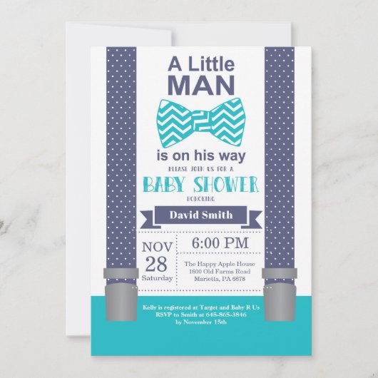 Kleine Man Baby shower Invitation Navy Blauwgroen Kaart (Voorkant)