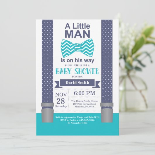 Kleine Man Baby shower Invitation Navy Blauwgroen Kaart (Staand voorkant)