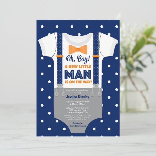 Kleine Man Baby shower, marineblauw en Oranje Kaart (Staand voorkant)