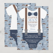 Kleine Man Baby shower uitnodiging, blauw, bruin Kaart (Voorkant / Achterkant)