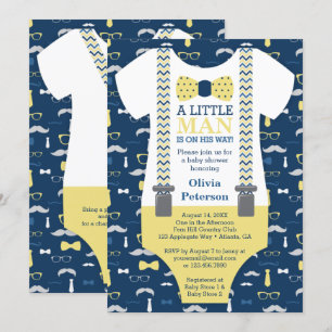Kleine Man Baby shower Uitnodiging, Geel, Blauw Kaart