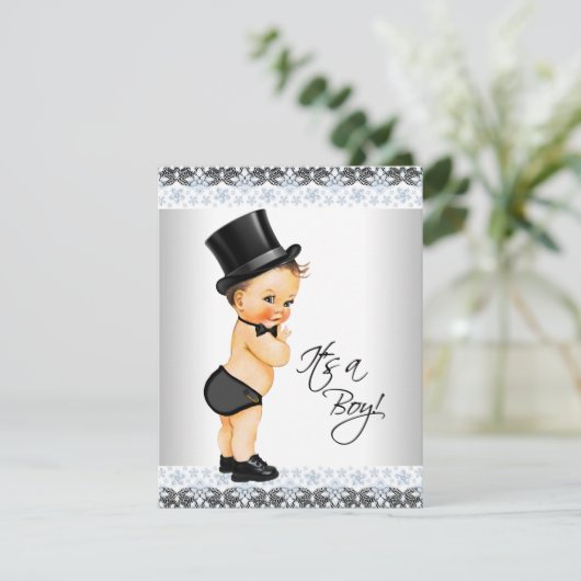 Kleine man, het is een jongens baby boy shower kaart (Staand voorkant)