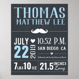 Kleine Man Mustache New Baby Boy Birth Stats Poster