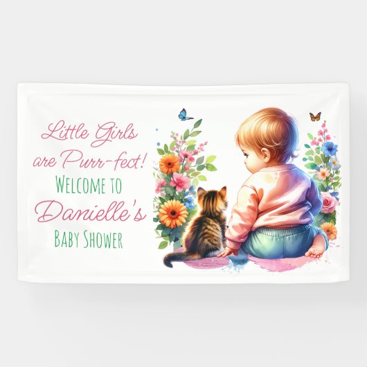 Kleine Meisje en Kitten | BABY SHOWER WATERVERF Spandoek (Horizontaal)