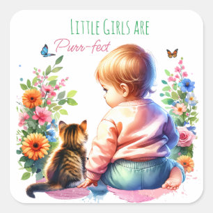 Kleine Meisje en Kitten   BABY SHOWER WATERVERF Vierkante Sticker